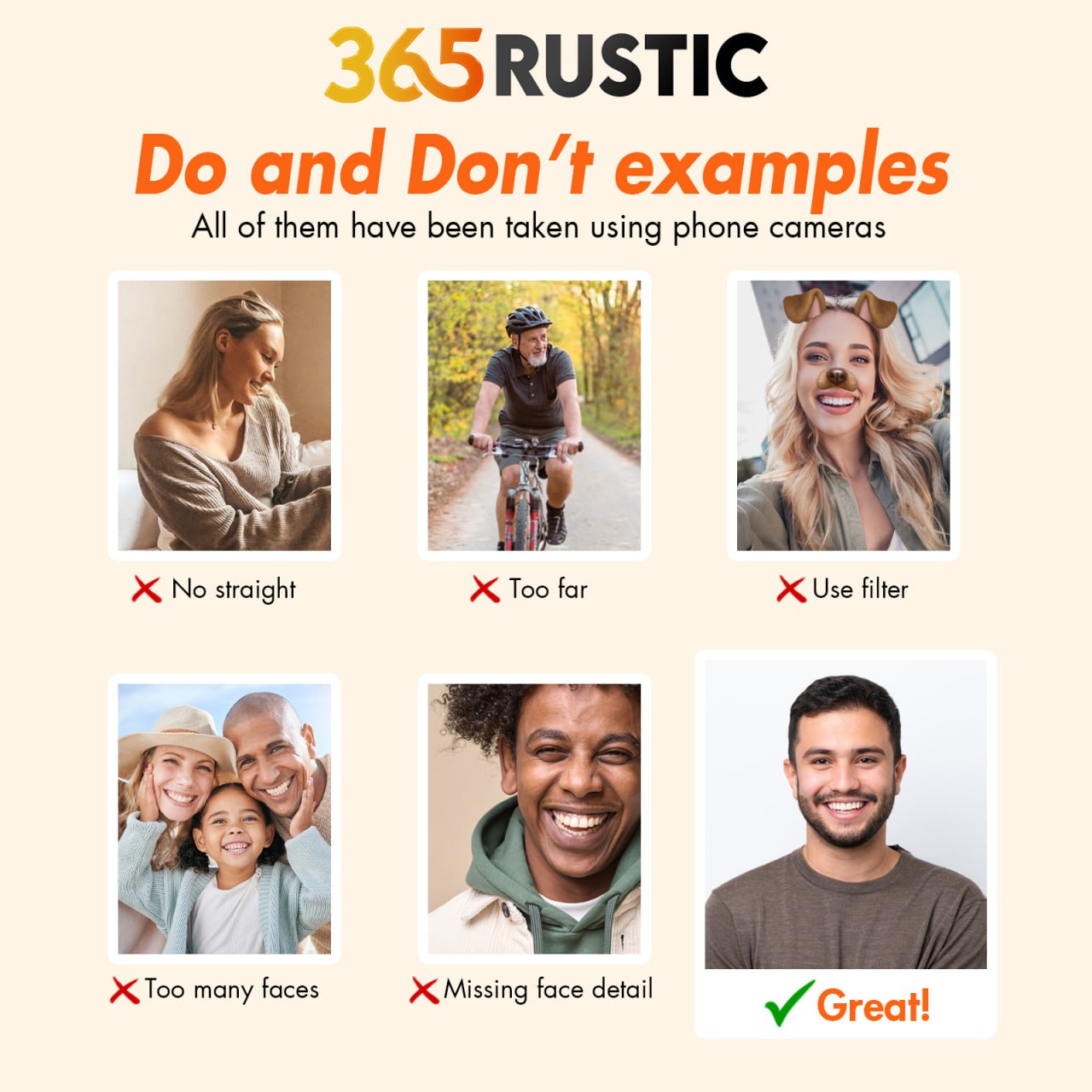 365RUSTIC do and don’t examples for phone camera photos showing correct and incorrect portrait shots