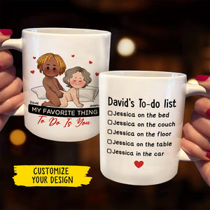 365Gifty personalized couple mugs showing two white ceramic mugs with cartoon couple and custom to do list
