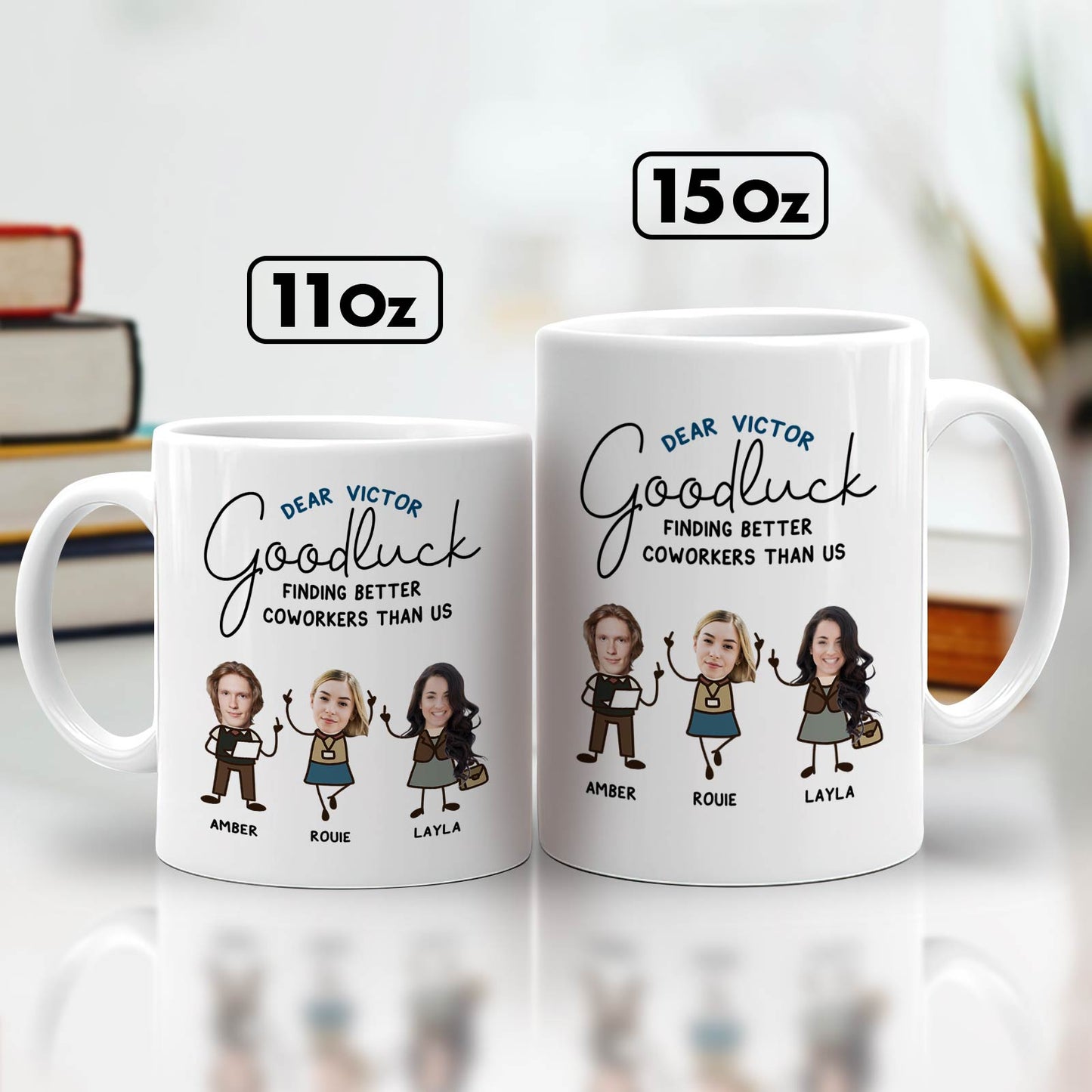 365Gifty personalized coworker mug set white ceramic 11oz and 15oz with custom caricatures and names Amber Rouie Layla