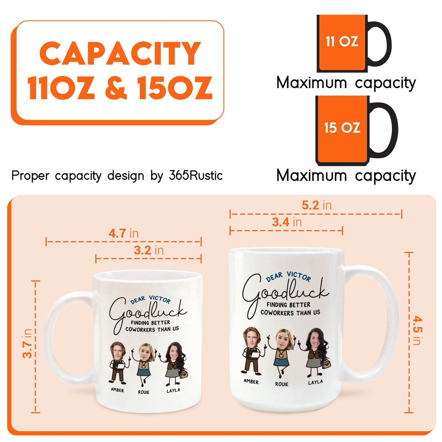personalized coworker mug 11oz and 15oz white ceramic with caricatures Amber Roue Layla and Goodluck message