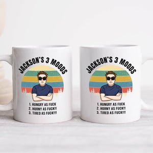 Set of two personalized coworker mug featuring Jacksons 3 Moods retro cartoon with explicit mood list