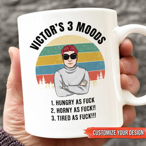 White ceramic personalized coworker mug showing Victors 3 Moods with illustrated man sunglasses and mood list