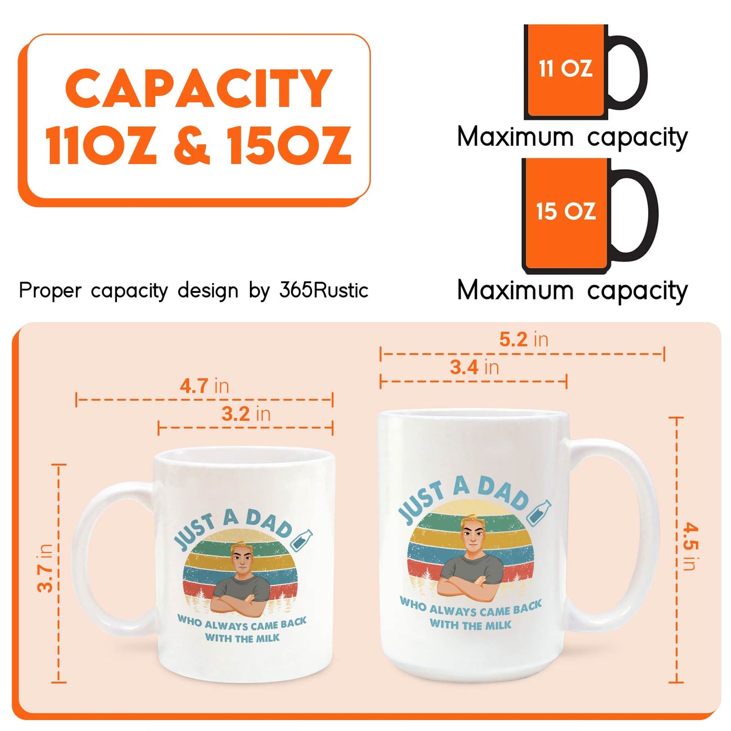 Personalized dad mug 11oz and 15oz white ceramic showing Just a Dad cartoon and vintage stripes