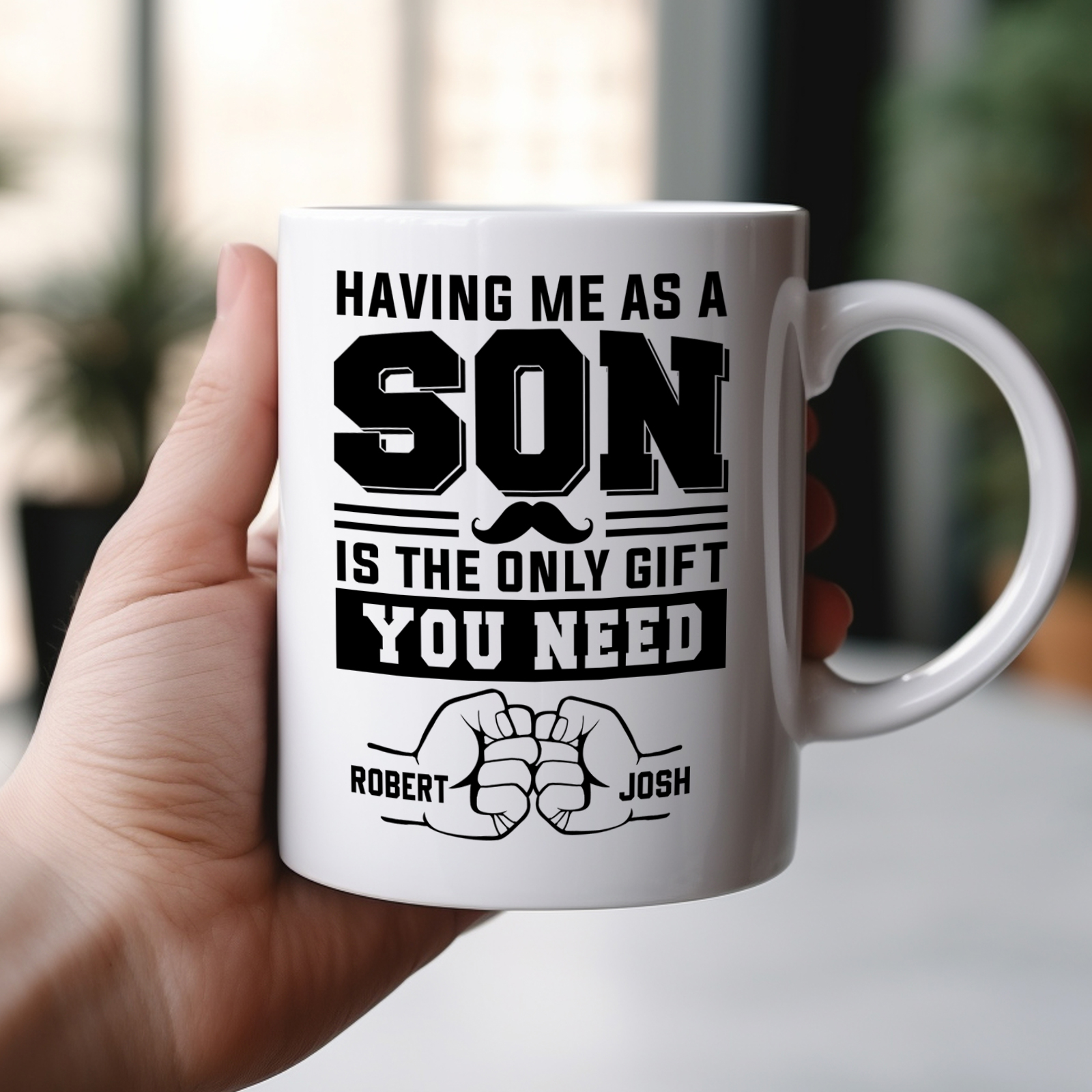 365Gifty personalized Father's Day mug white ceramic held in hand with Having me as a son design and fist bump names Robert Josh