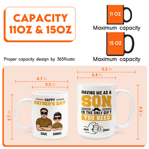 365Gifty white personalized Father's Day mug set showing 11oz and 15oz designs with father and son cartoon and bold gift text