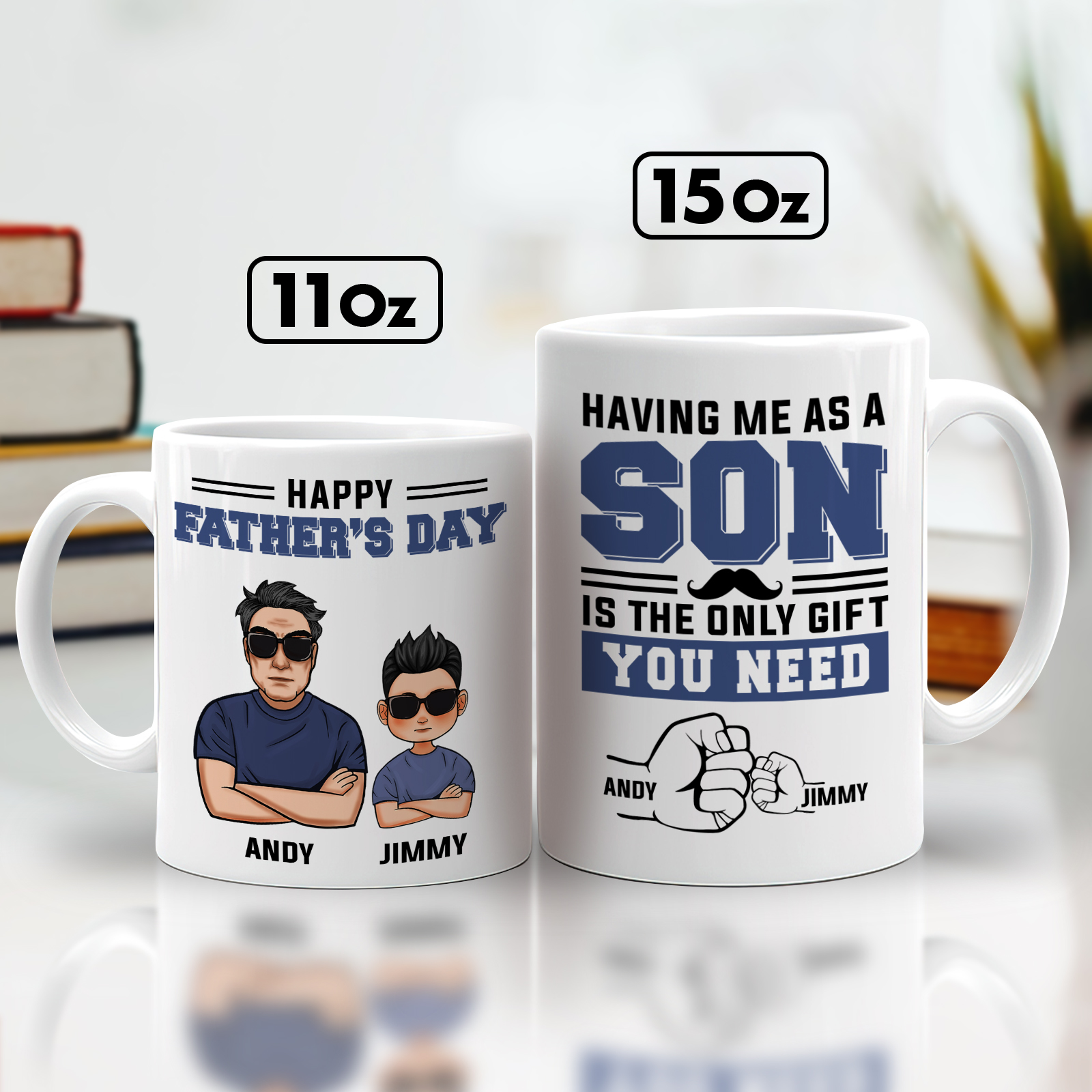 personalized Father's Day mug set two white mugs 11oz and 15oz with cartoon dad and son named Andy and Jimmy