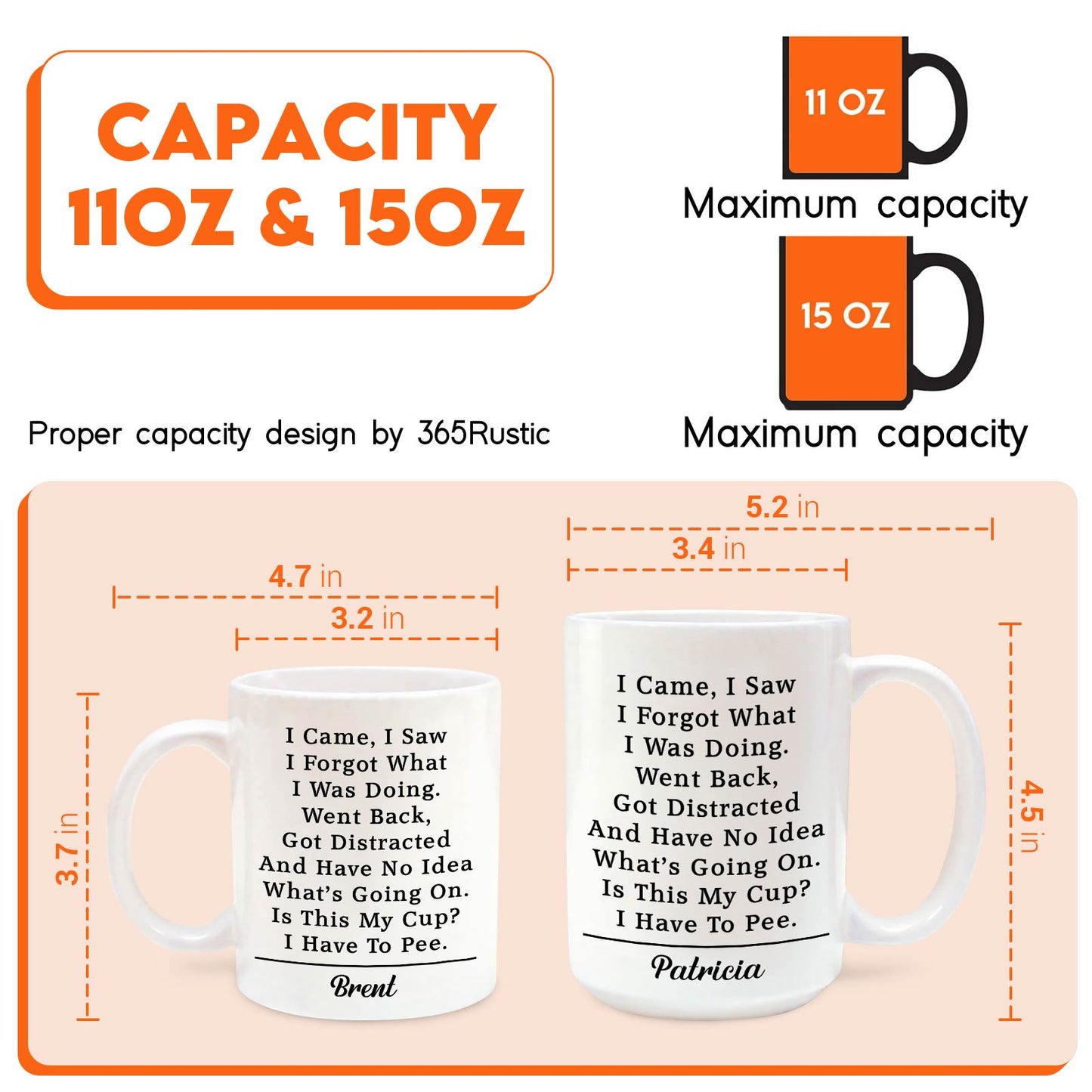 Two white personalized funny mug sizes 11 oz and 15 oz showing humorous poem text with name options and dimensions