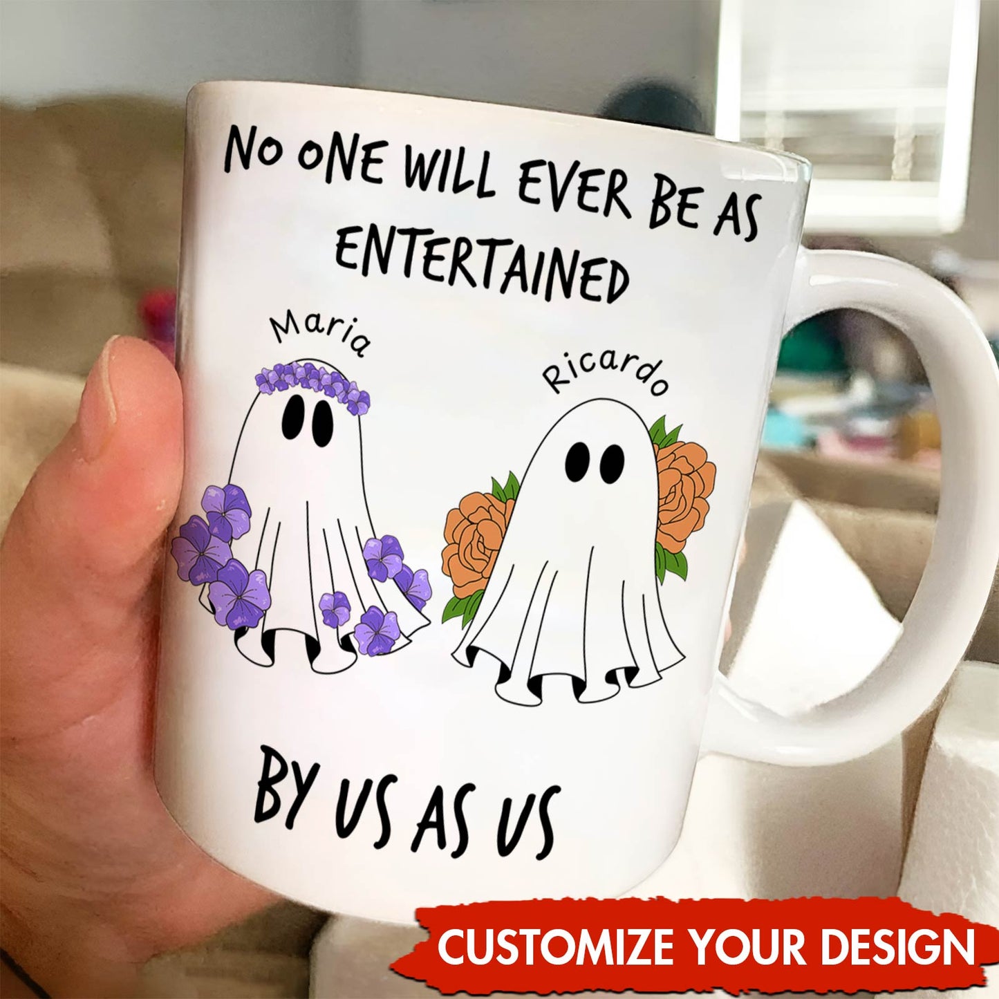 personalized Halloween ghost mug 365Gifty white ceramic mug with two named floral ghosts Maria and Ricardo