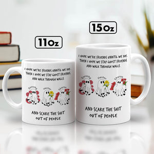 Two white 11oz and 15oz personalized Halloween ghost mug with three named ghost friends floral accents and funny friend quote