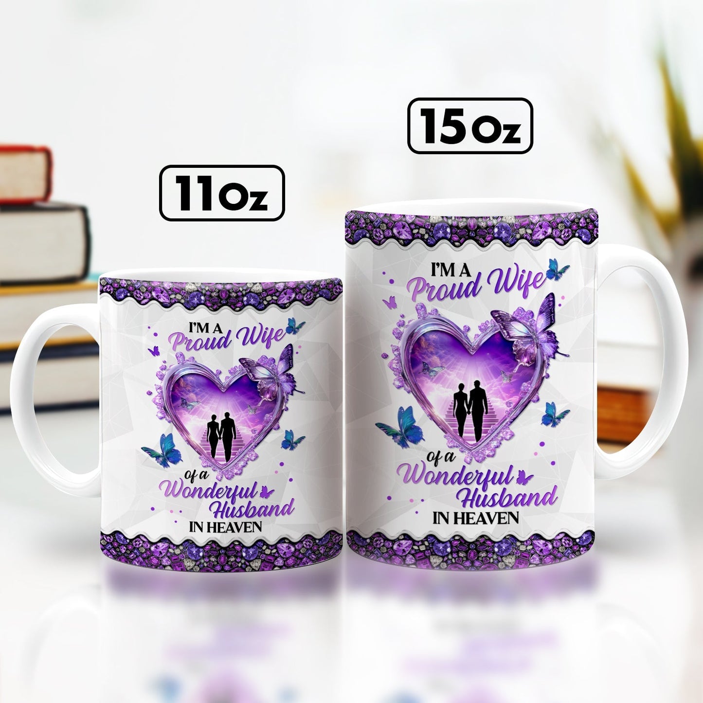 personalized memorial mug for wife purple heart design with couple silhouette and butterflies 11oz 15oz