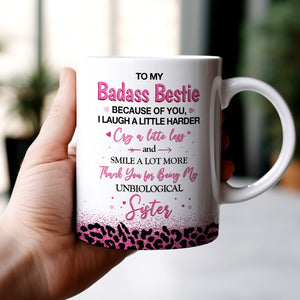 White ceramic personalized mug for best friends with pink Badass Bestie text and leopard print base