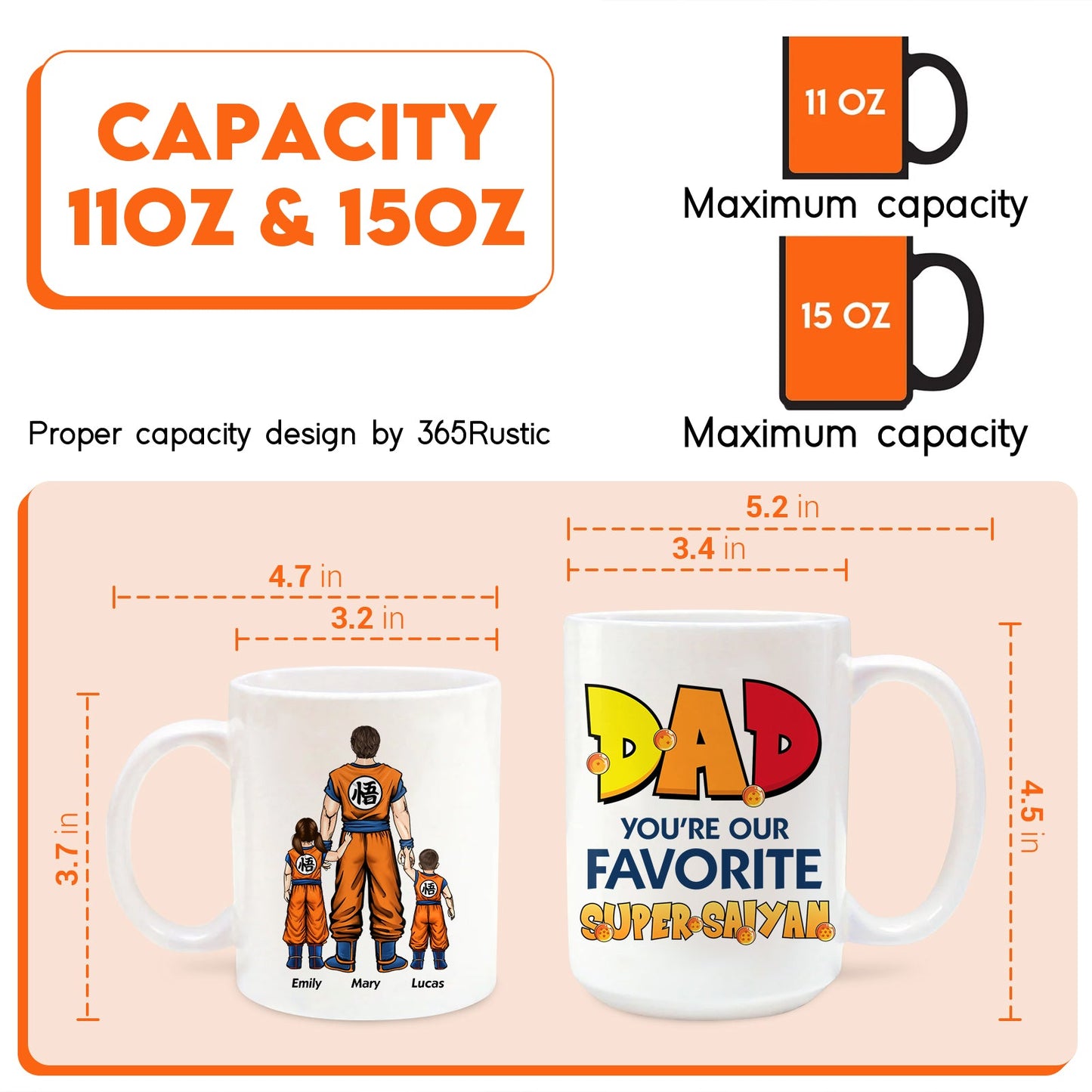 personalized super saiyan dad mug showing front colorful Dad logo and back family character art in 11 oz and 15 oz sizes