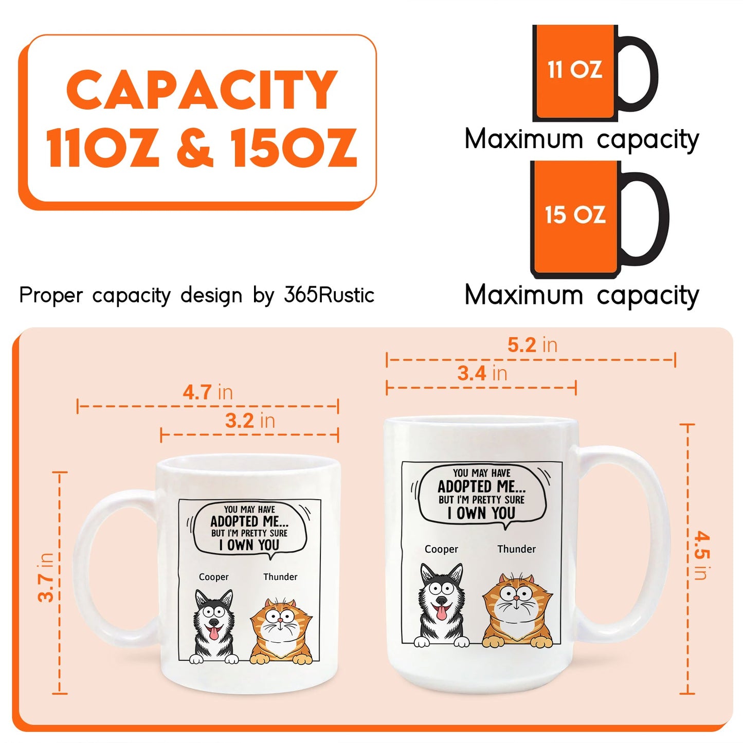 365Gifty pet lover personalized mug showing 11oz and 15oz white ceramic mugs with cartoon dog and cat and ownership quote
