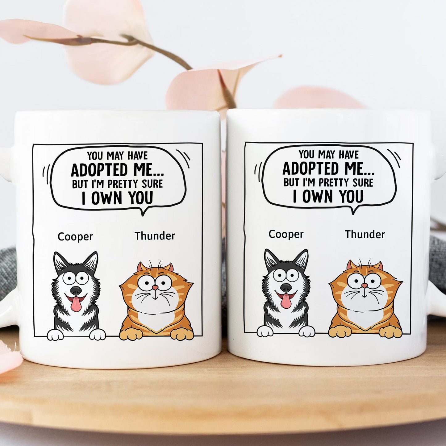 365Gifty pet lover personalized mug showing two white mugs with cartoon dog Cooper and cat Thunder and funny adoption quote