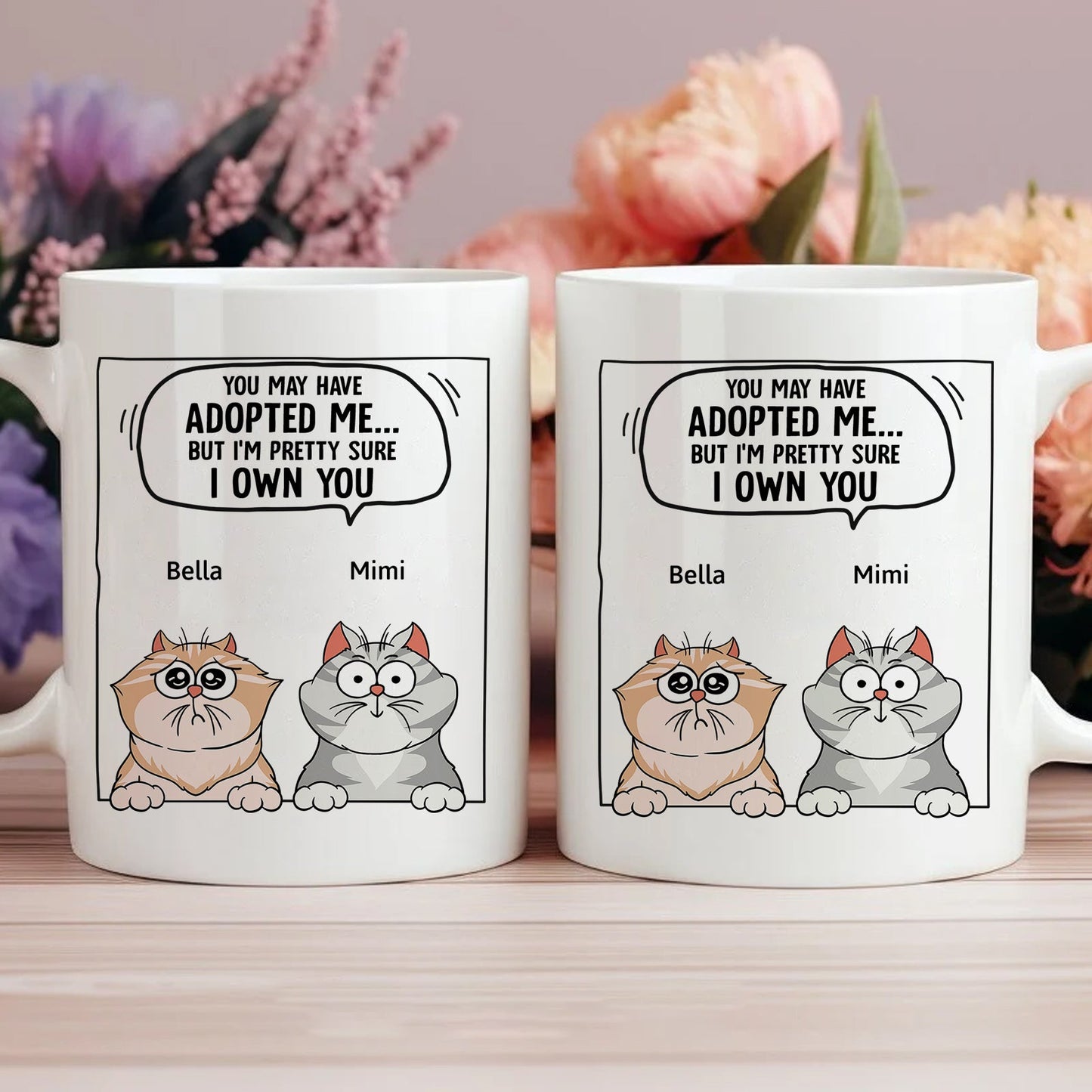 pet lover personalized mug with two cartoon cats Bella and Mimi and quote Im pretty sure I own you
