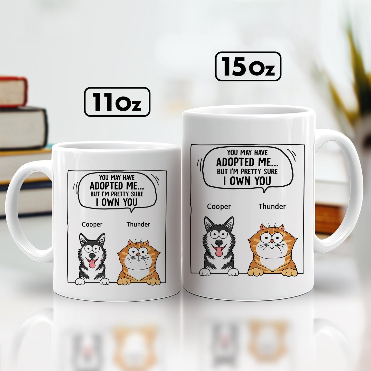 365Gifty pet lover personalized mug with cartoon dog Cooper and cat Thunder on white 11oz and 15oz mugs