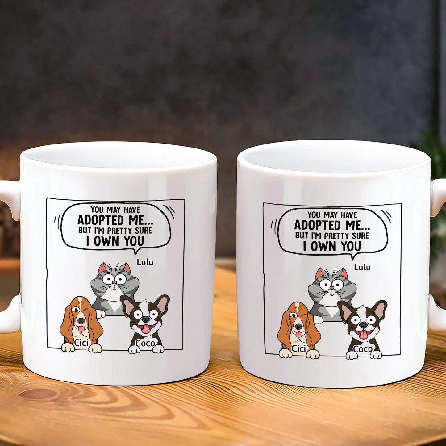 365Gifty pet lover personalized mug with cartoon cat and two dogs and caption You may have adopted me but I own you