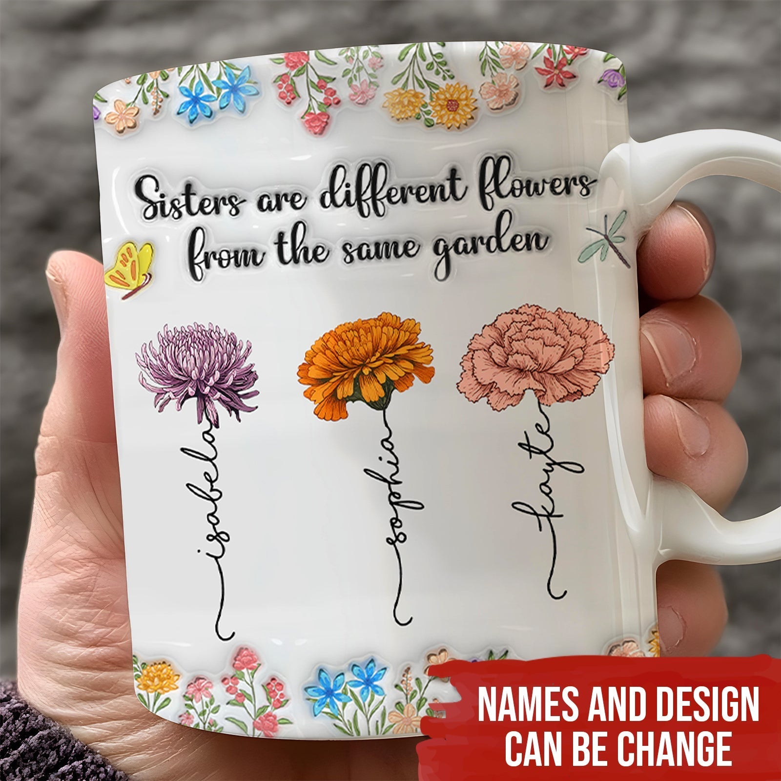 sisters are different flowers mug white ceramic with floral border three illustrated flowers and customizable names
