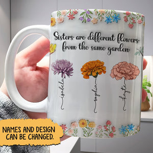 365Gifty sisters are different flowers mug white ceramic with three hand drawn flowers floral border and names