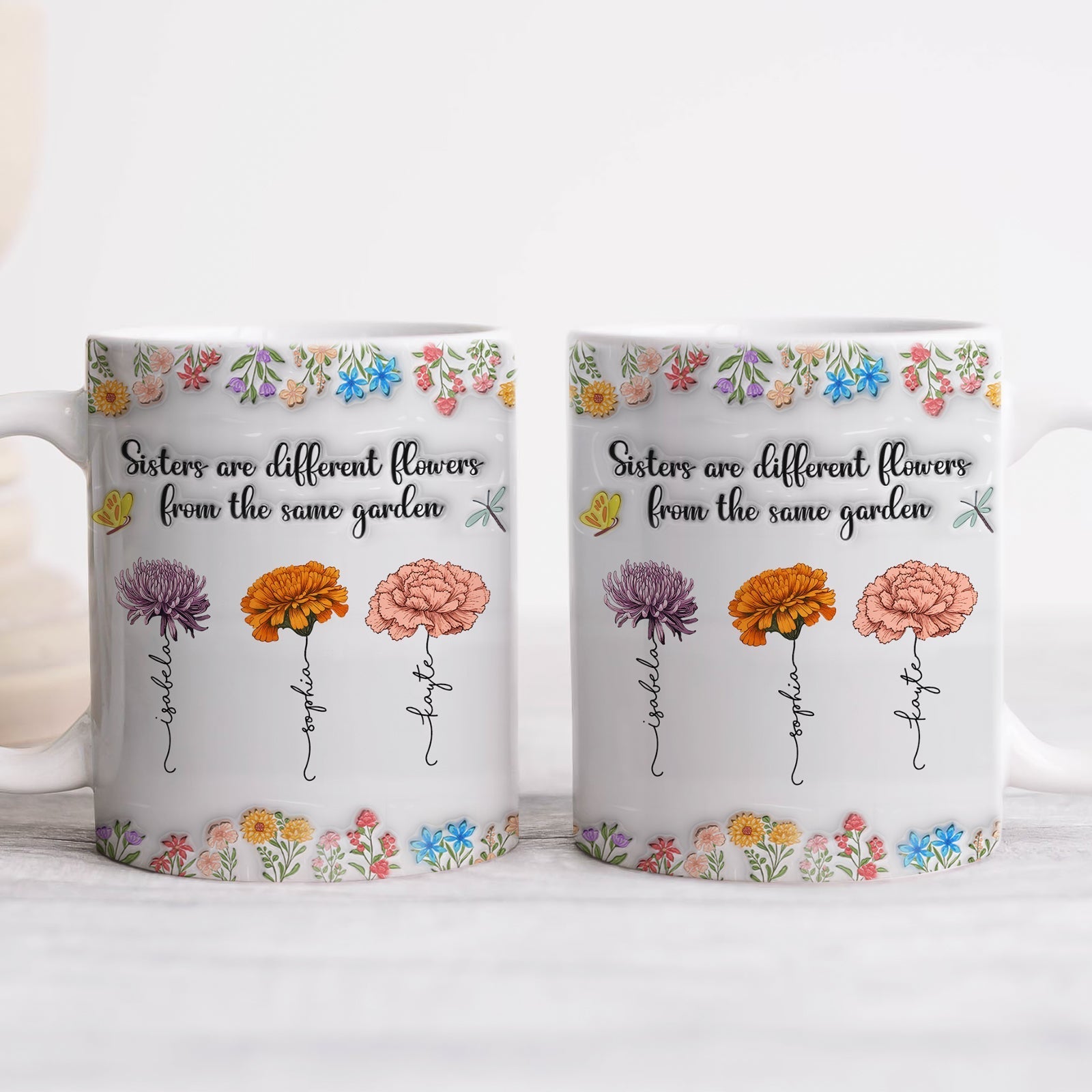 365Gifty white ceramic sisters are different flowers mug set with three floral illustrations and quote