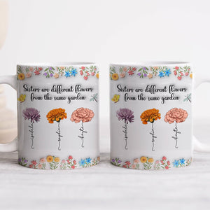 365Gifty white ceramic sisters are different flowers mug set with three floral illustrations and quote