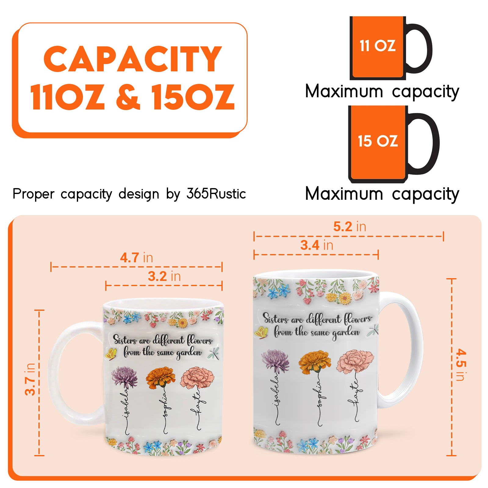 sisters are different flowers mug two white floral ceramic mugs 11oz and 15oz with quote and flower illustrations