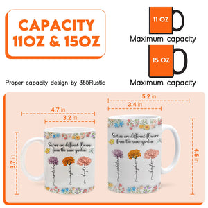 sisters are different flowers mug two white floral ceramic mugs 11oz and 15oz with quote and flower illustrations