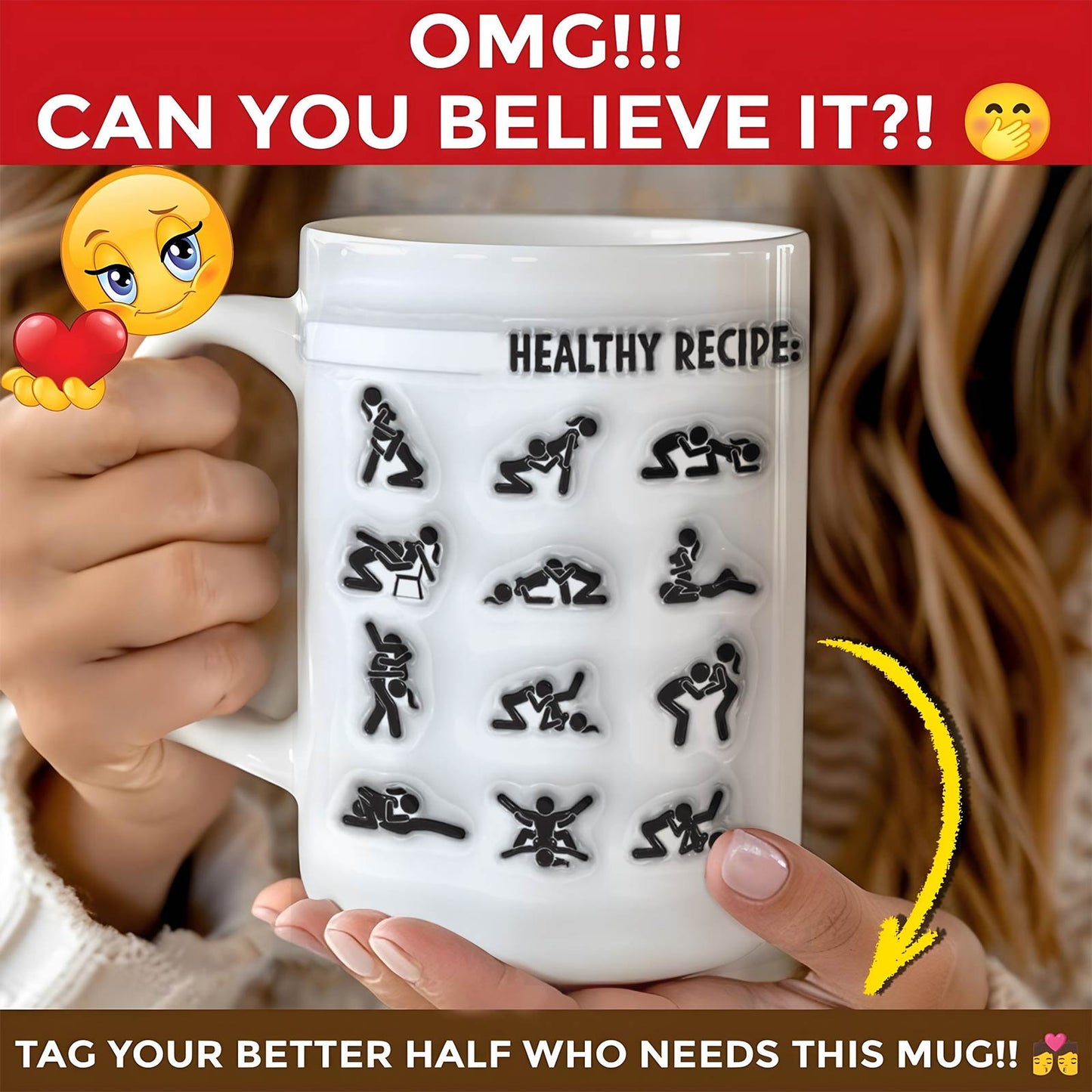 365Gifty white ceramic mug with playful black silhouette illustrations and Healthy Recipe text unique couples gift mug