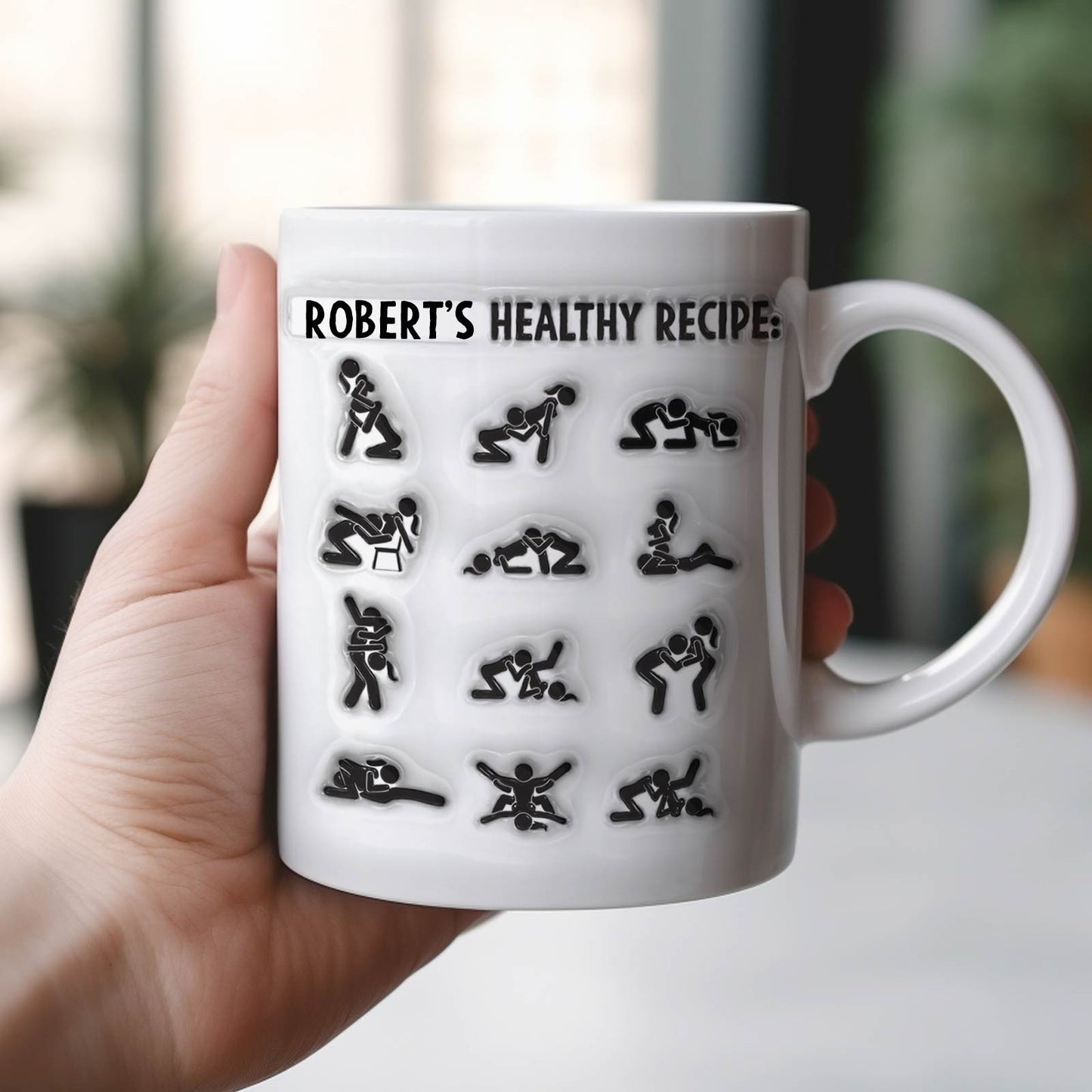 White 365Gifty unique couples gift mug showing Roberts Healthy Recipe with playful sex position icons