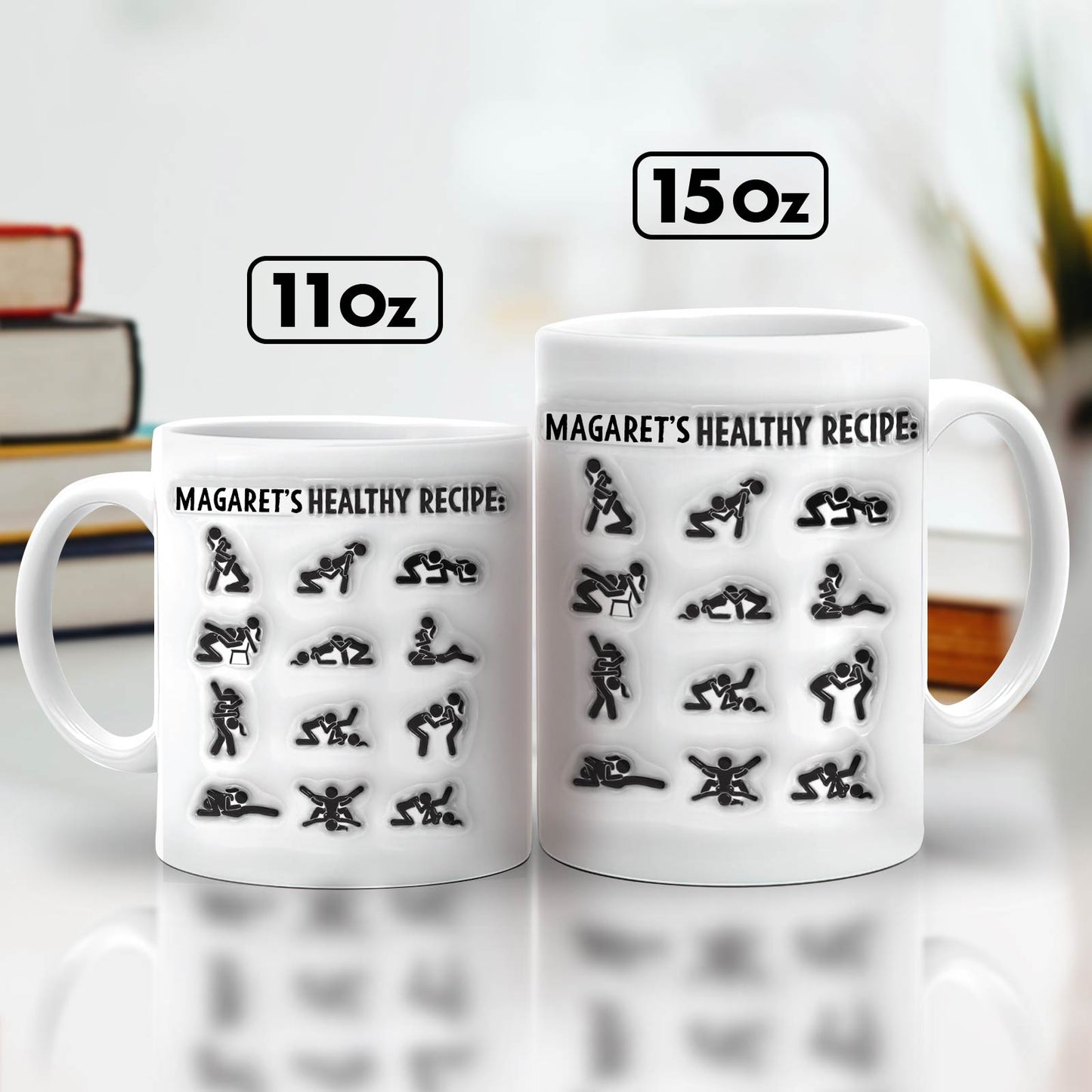 365Gifty white 11oz and 15oz mugs featuring playful stick figure couples in positions labeled as a recipe unique couples gift mug