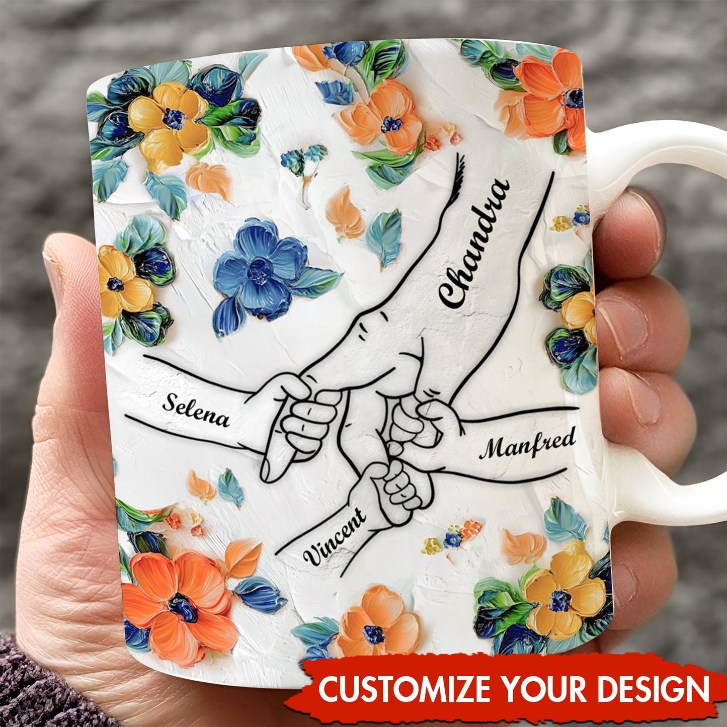 365Gifty personalized unique family gift mug with four linked hands and colorful floral pattern with names