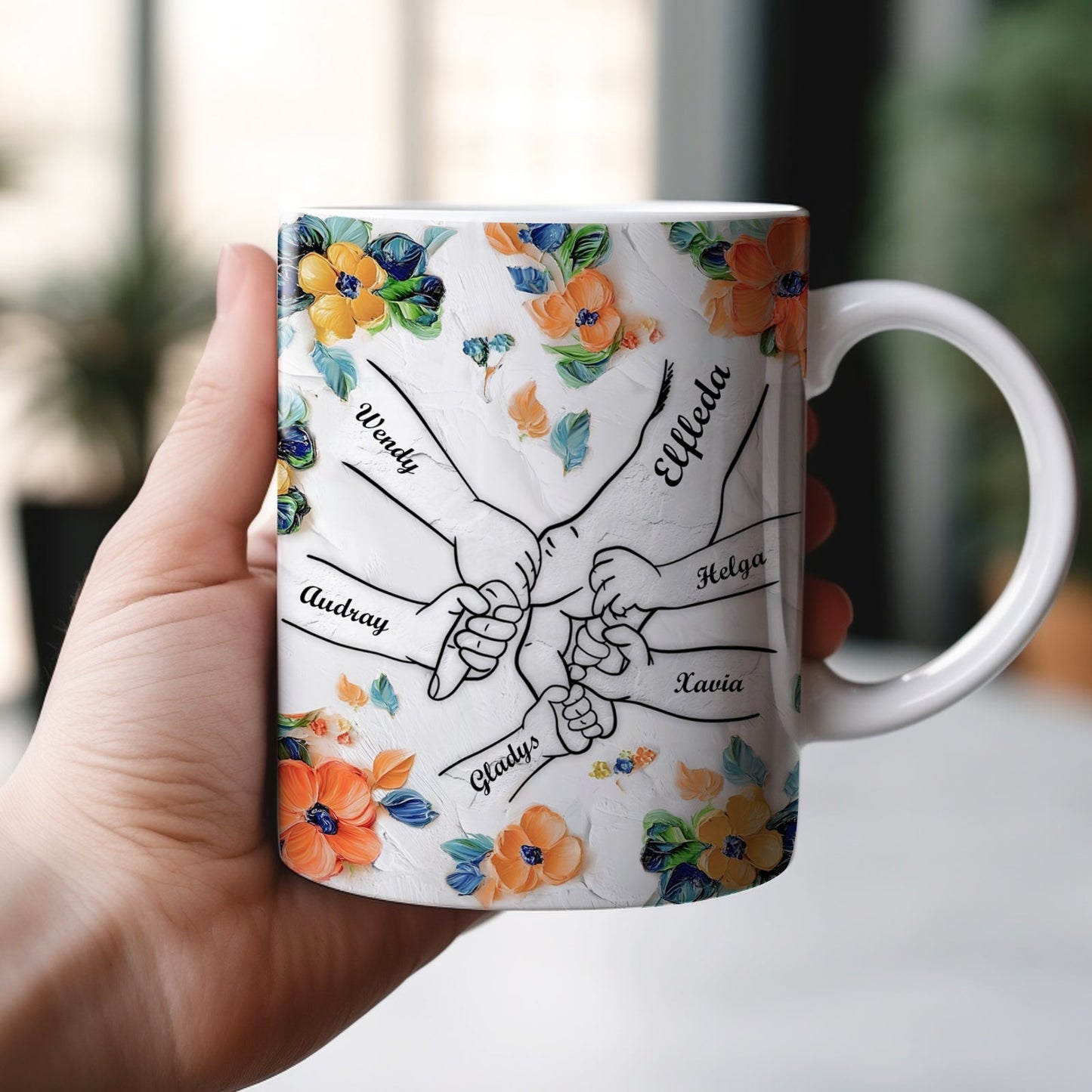365Gifty unique family gift mug with linked pinky hands illustration personalized names and orange blue floral accents