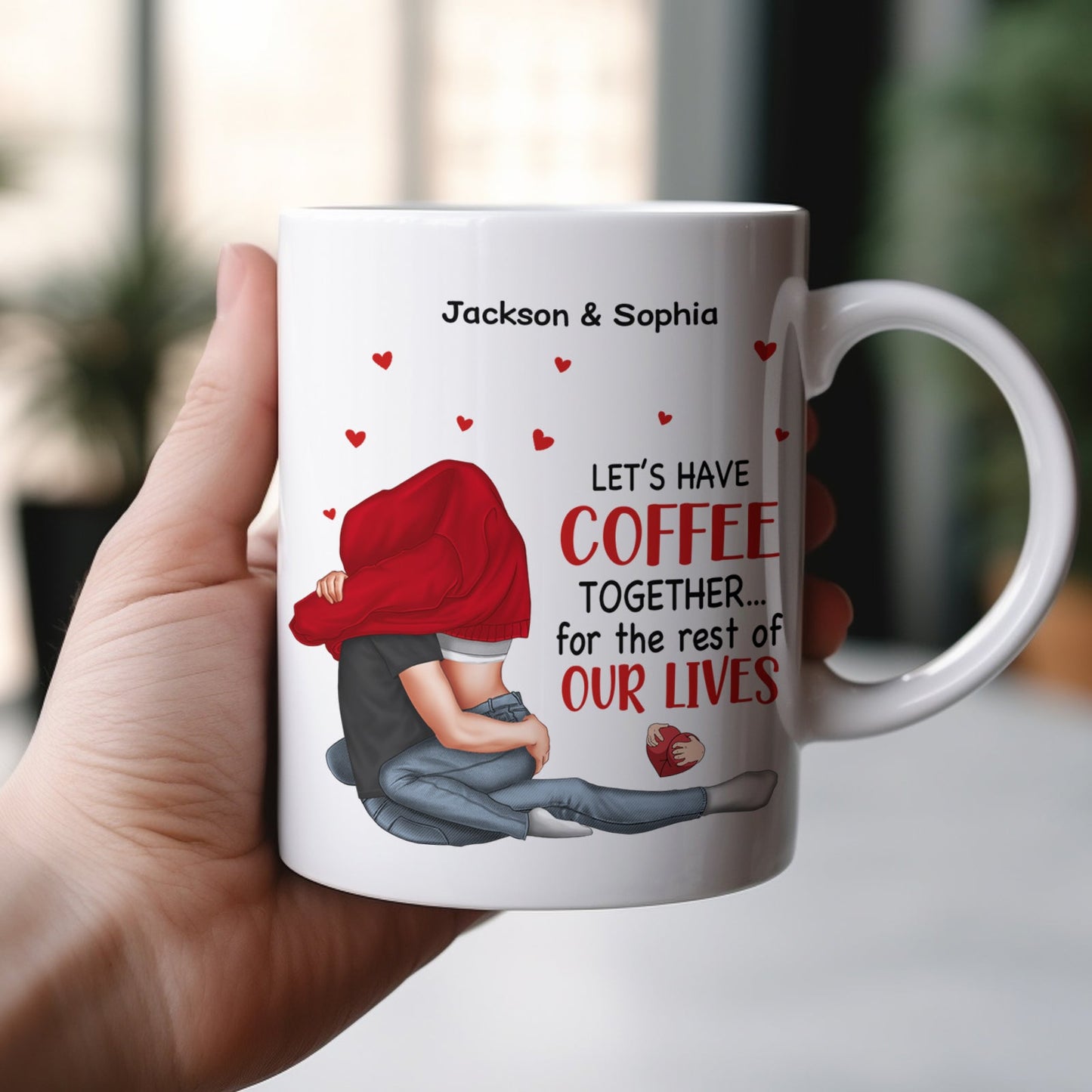 365Gifty white mug with couple cuddling illustration and lets have coffee together text unique gift for boyfriend or girlfriend