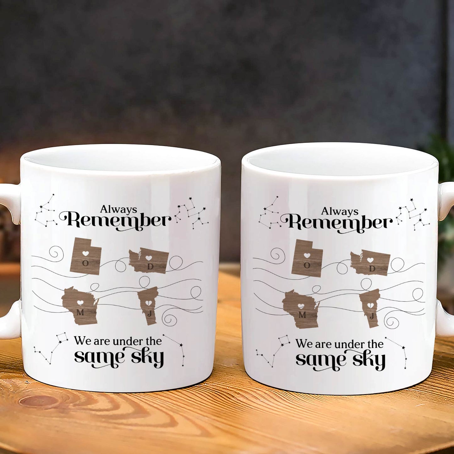365Gifty white ceramic mugs set with state map design and same sky message unique gift for long distance friends