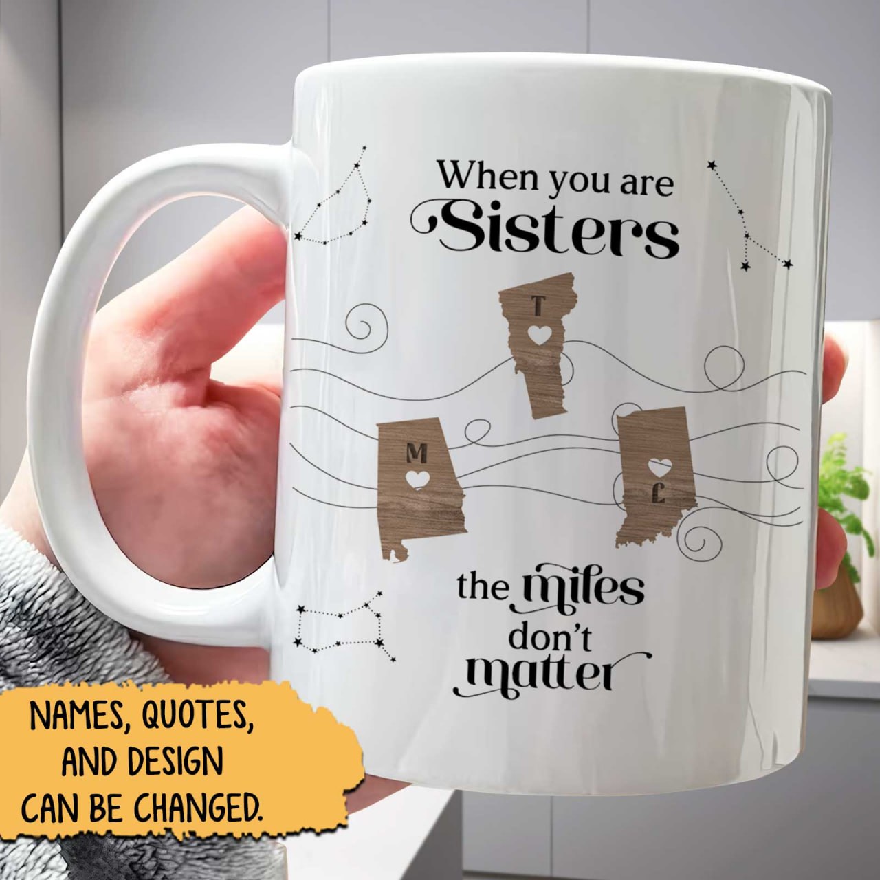 365Gifty white sister mug with state cutouts hearts and the miles dont matter text unique gift for long distance friends