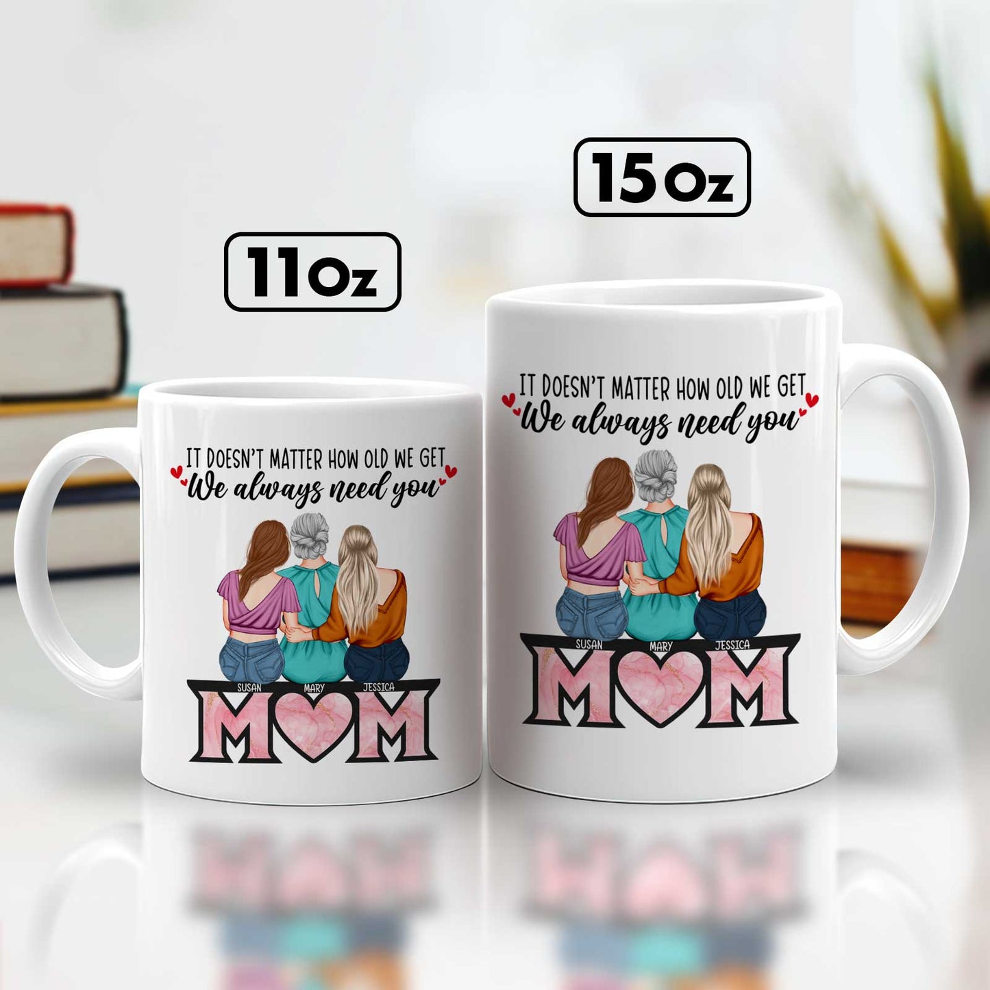 365Gifty ceramic mugs set showing mom with two daughters back view and heart MOM design unique gifts for mom from daughters