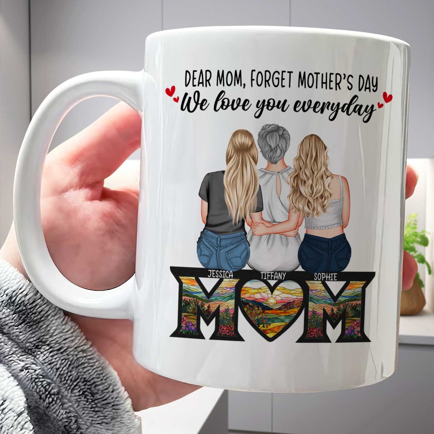 365Gifty personalized mug with three daughters hugging mom illustration unique gifts for mom from daughters