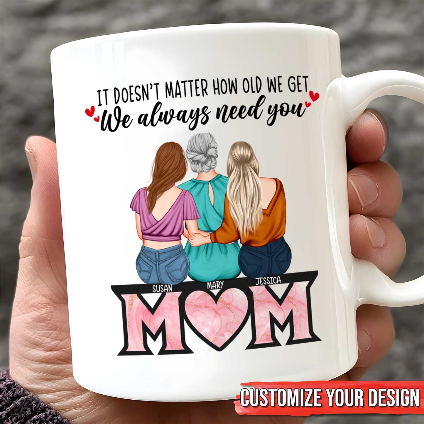 365Gifty white ceramic mug with three women illustration and customizable names perfect unique gifts for mom from daughters
