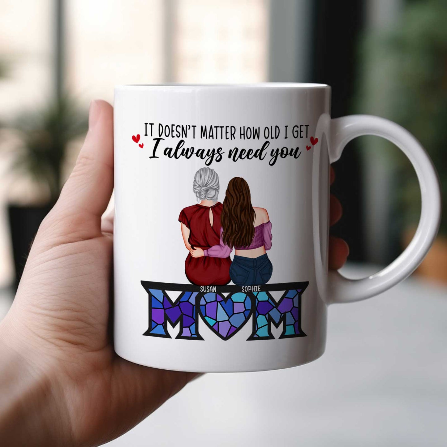 365Gifty white mug with mother and daughter back view and heart MOM mosaic and sentiment unique gifts for mom from daughters