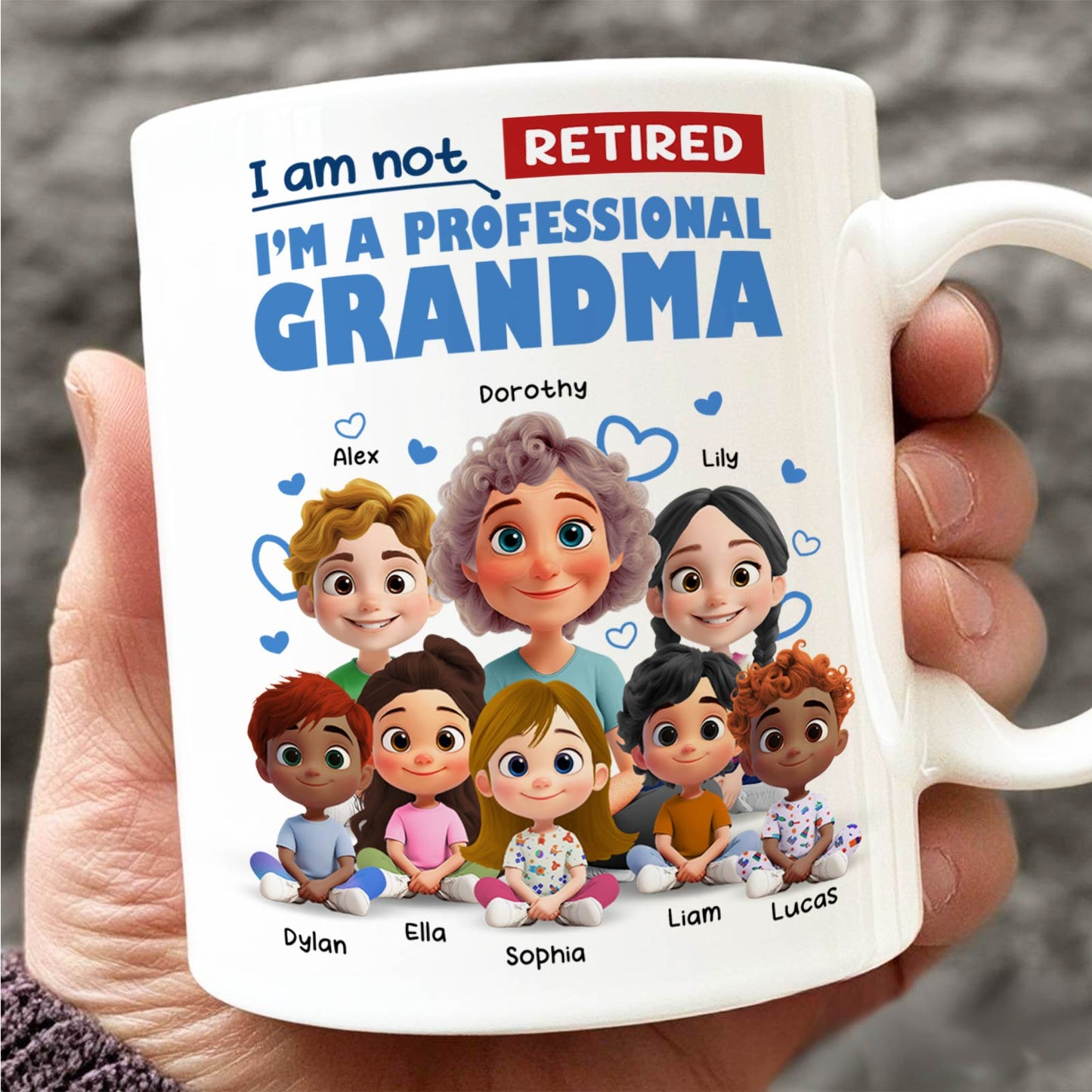White mug with cartoon grandmother and grandchildren text Im a professional grandma unique retirement gift for grandmother