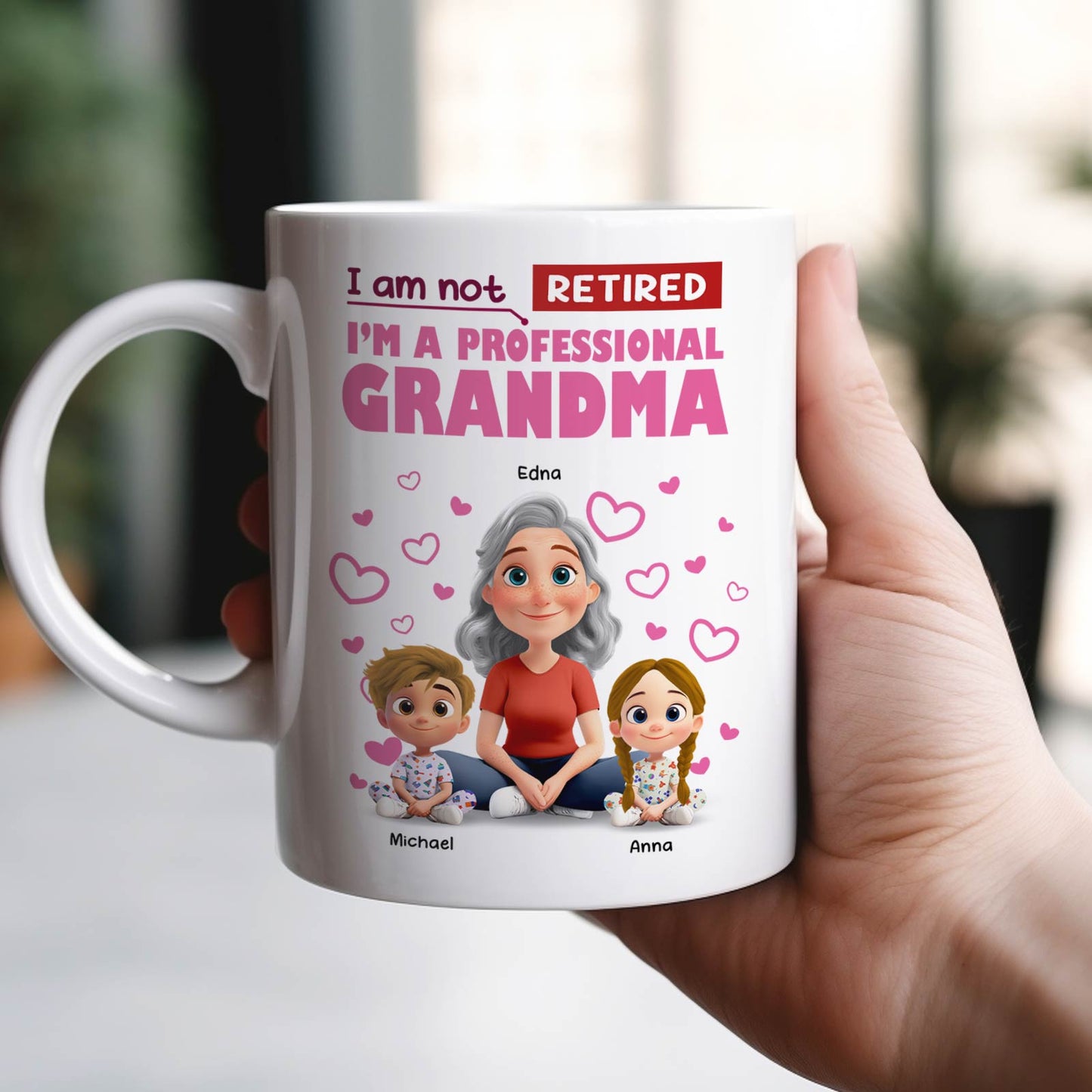 White mug with cartoon grandma and grandchildren names Michael Anna I am not retired design unique retirement gift for grandmother