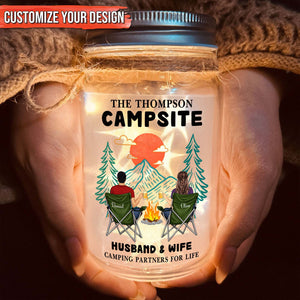 Couple - Husband & Wife Camping Partners For Life - Personalized Jar Night Light