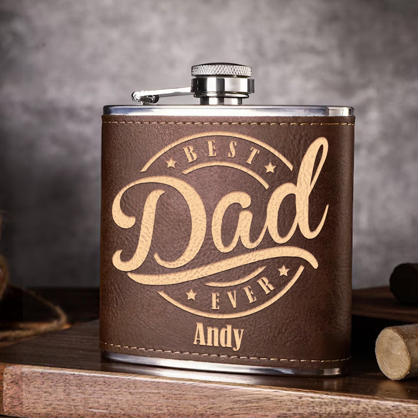 Father - Best Dad Ever - Personalized Leather Flask
