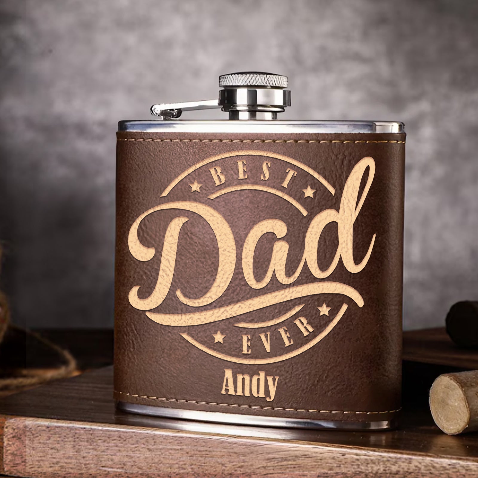 Father - Best Dad Ever - Personalized Leather Flask