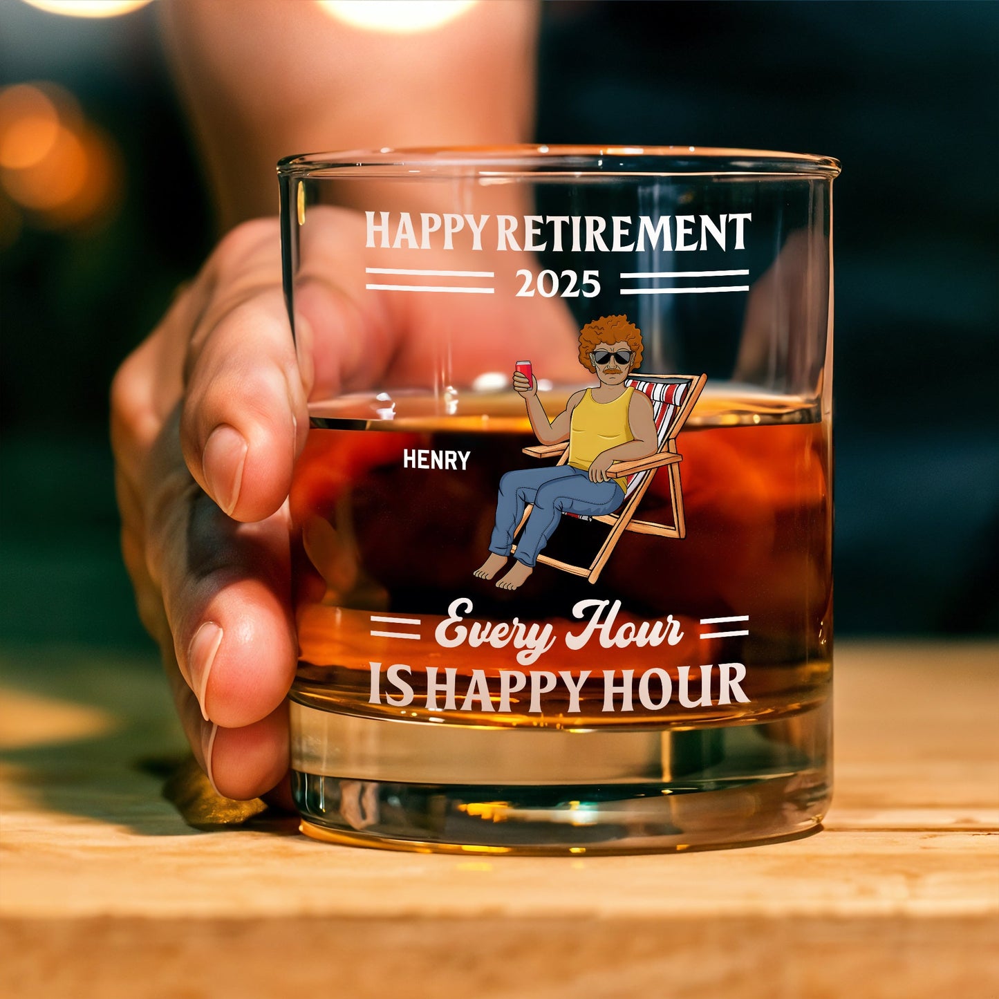 Personalized Whiskey Glass Happy Retirement 2025 with name Henry and cartoon lounging figure Every Hour is Happy Hour