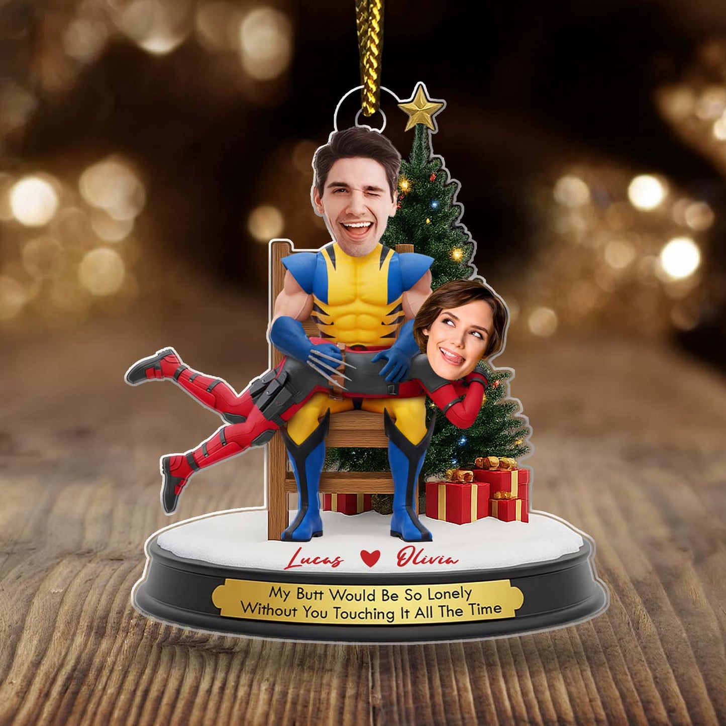 Personalized couple Christmas ornament featuring a playful design with custom names and festive decorations