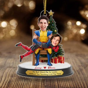 Personalized couple Christmas ornament featuring a playful design with custom names and festive decorations