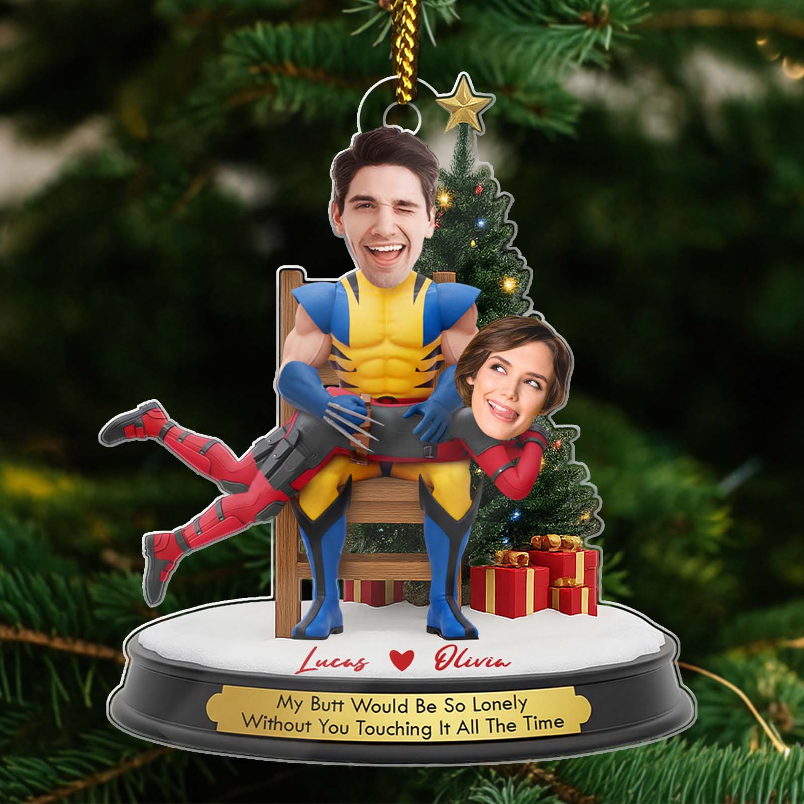 Personalized couple Christmas ornament featuring fun superhero design for unique holiday gifting