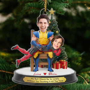 Personalized couple Christmas ornament featuring fun superhero design for unique holiday gifting