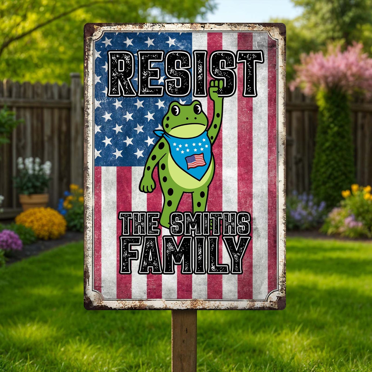Personalized patriotic metal sign featuring a frog with an American flag background for home decor